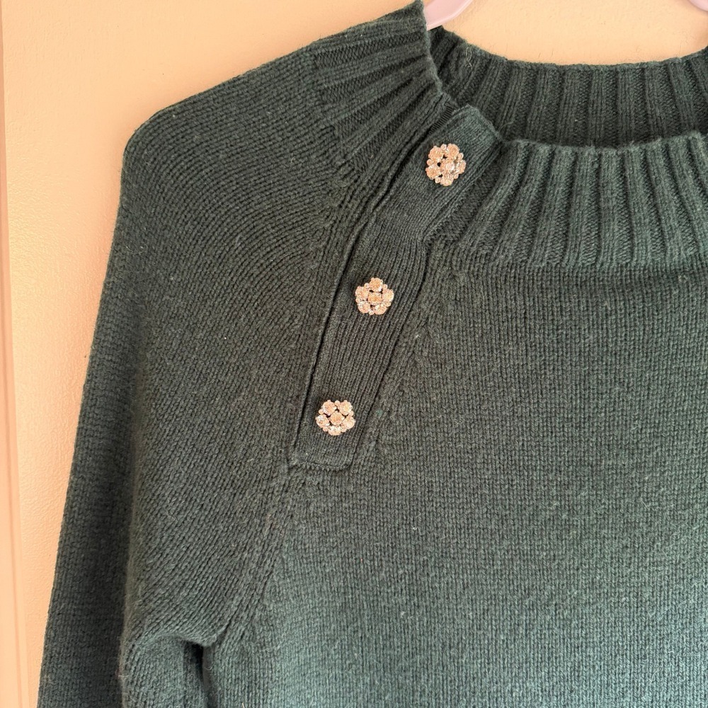 J.Crew Womens Forest Green Rhinestone Flower Button Embellished Sweater XS - Picture 2 of 7